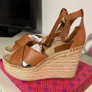 Tory Burch Selby Ambra Leather Wedge Heeled Espadrille Sandals